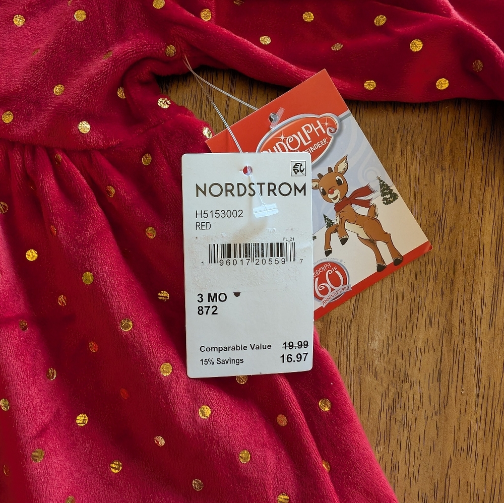NWT! Baby Girl's Rudolph The Red Nosed Reindeer Soft Velour Christmas Dress Set - Picture 3 of 11